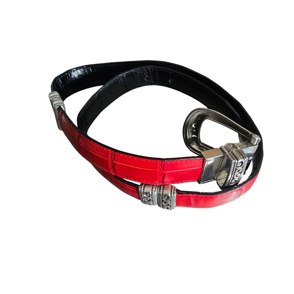 Brighton Reversible Belt Red Black Crocodile Emboss Silver Filigree Buckle 28